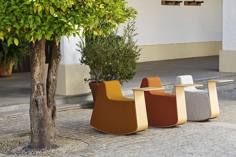 rocking pouffe-table hybrid by dsignio redefines workspaces with a nostalgic twist
