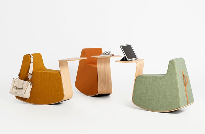 rocking pouffe-table hybrid by dsignio redefines workspaces with a nostalgic twist