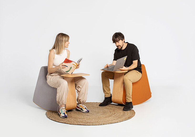 rocking pouffe-table hybrid by dsignio redefines workspaces with a nostalgic twist