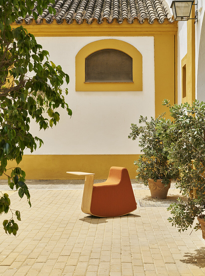 rocking pouffe-table hybrid by dsignio redefines workspaces with a nostalgic twist
