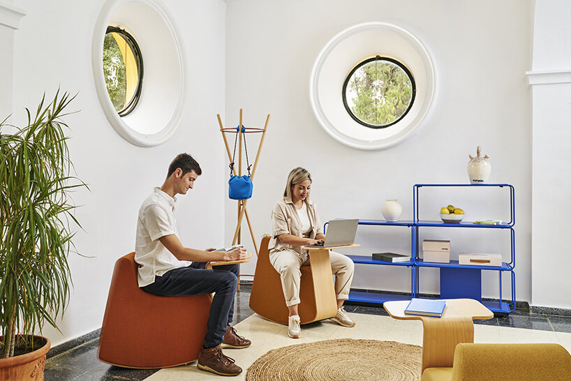 rocking pouffe-table hybrid by dsignio redefines workspaces with a nostalgic twist