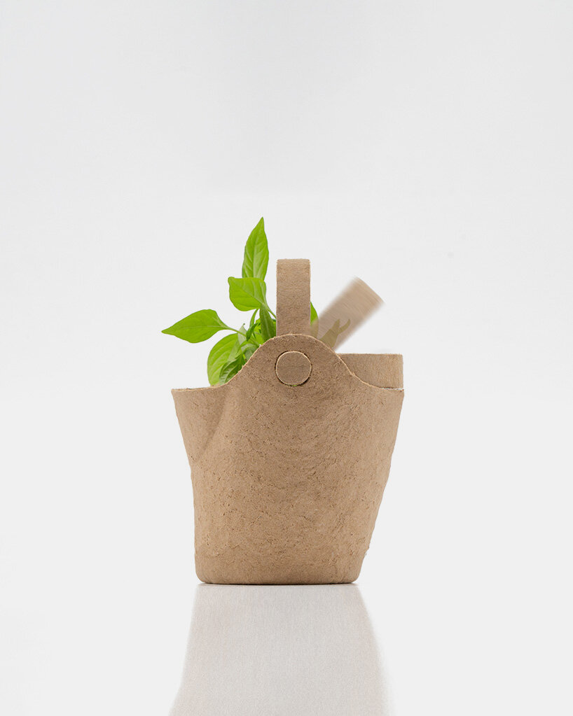 3D printed molds shape biodegradable bough pot from recycled pulp and rice paste