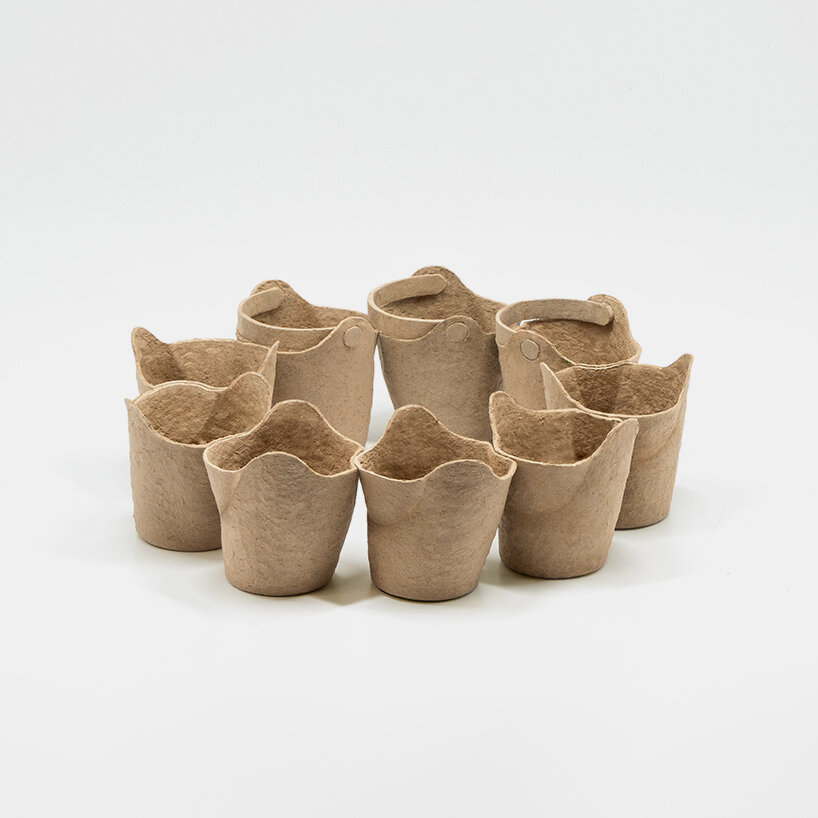 3D printed molds shape biodegradable bough pot from recycled pulp and rice paste