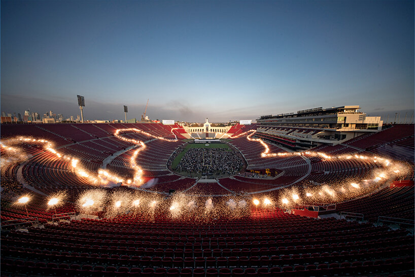 drones, fireworks & AI unite in cai guo-qiang's arena-sized spectacle at LA memorial coliseum