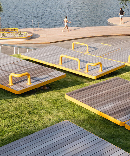 vibrant-colored platforms by mostlikely scatter like confetti on vienna's waterfront