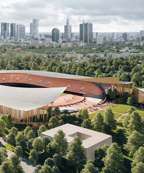 curved roof expands upwards inviting sunlight within warsaw SKRA park stadium