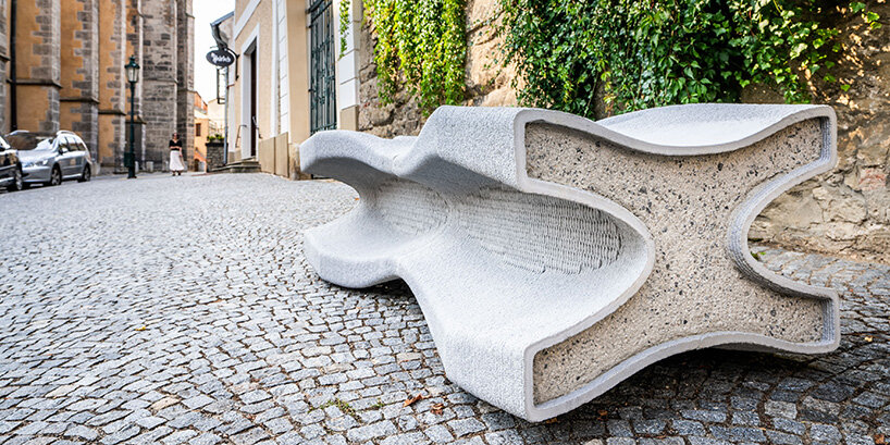 concrete bench X doubles as a planter, reflecting czech republic's gothic heritage