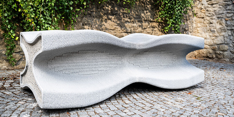 concrete bench X doubles as a planter, reflecting czech republic's gothic heritage