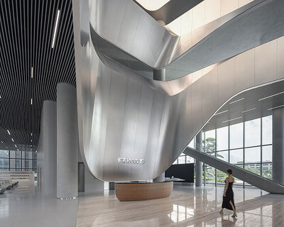 pininfarina and e studio sculpt stainless steel installations in higold's headquarters
