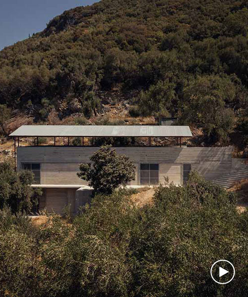 corrugated steel roof shades concrete house by invisible studio in greek island's olive grove