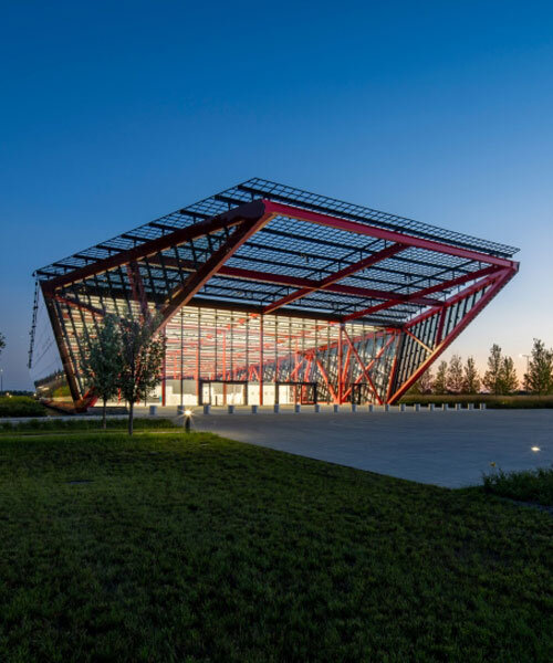 bright red steel frame outlines pritzker military archives center by jahn/ in wisconsin