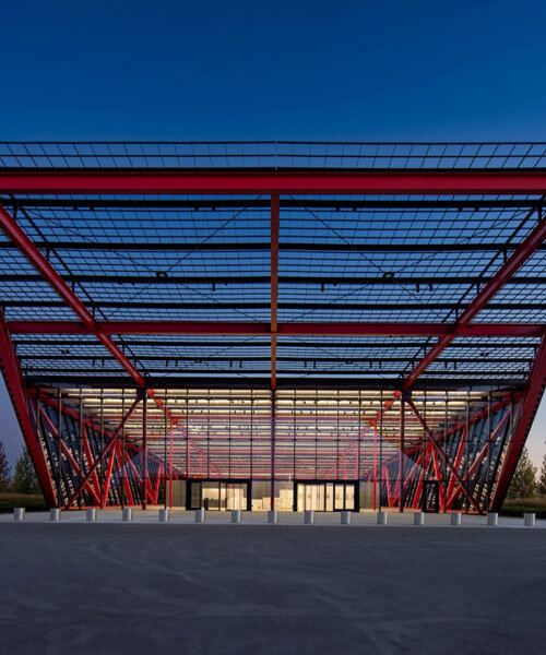 bright red steel frame outlines pritzker military archives center by jahn/ in wisconsin