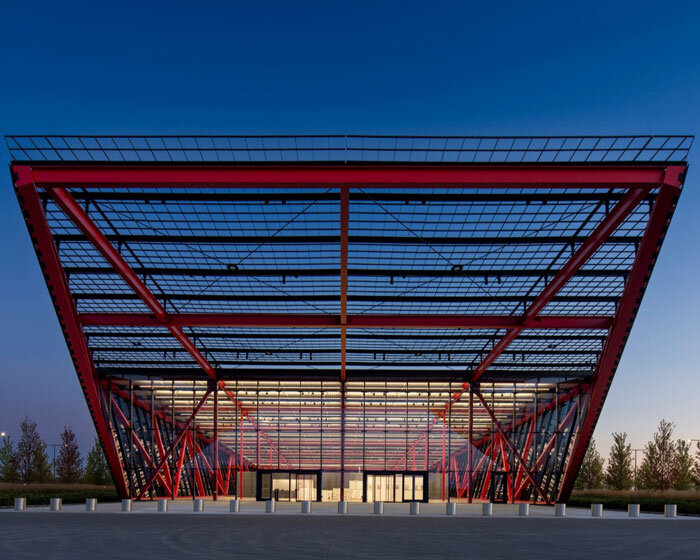 bright red steel frame outlines pritzker military archives center by jahn/ in wisconsin