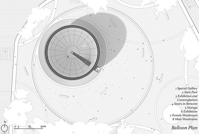 large black sphere hovers over memorial in xidian wang’s museum of silence and memory
