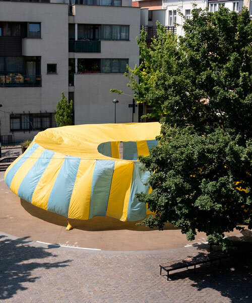 reused hot-air balloon fabric shapes textile installation by marion aeby at dutch design week