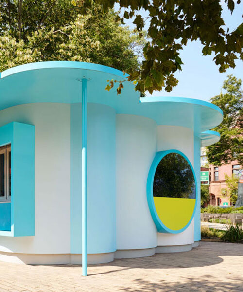 little blue cloud kiosk settles in burlington’s historic city hall park