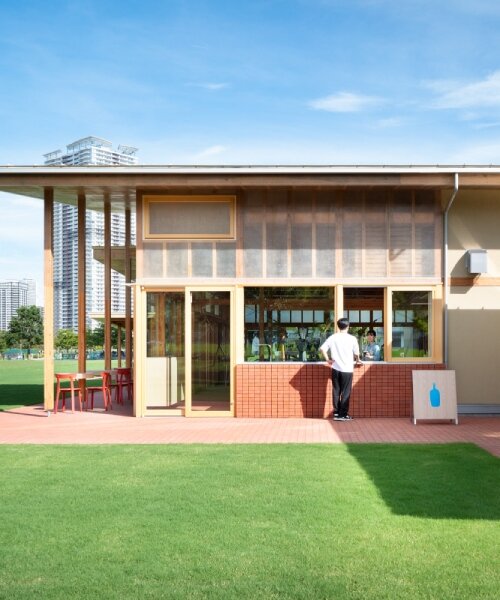 cluster of intimate wooden huts shape schemata architects’ blue bottle café in tokyo park