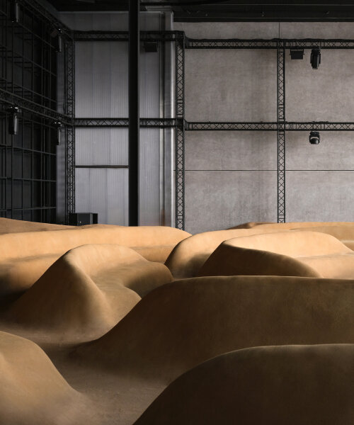 bottega veneta sculpts sand-colored seats into patterns of sound waves for dubai installation