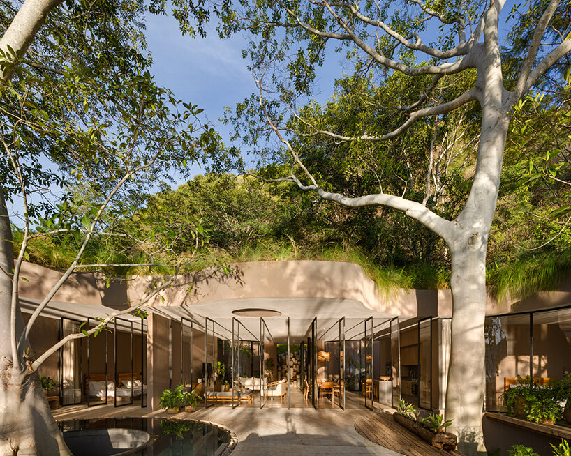 Los vacíos circulares en una casa ecológica diseñada por MCxA Group abrazan los árboles ancestrales de México