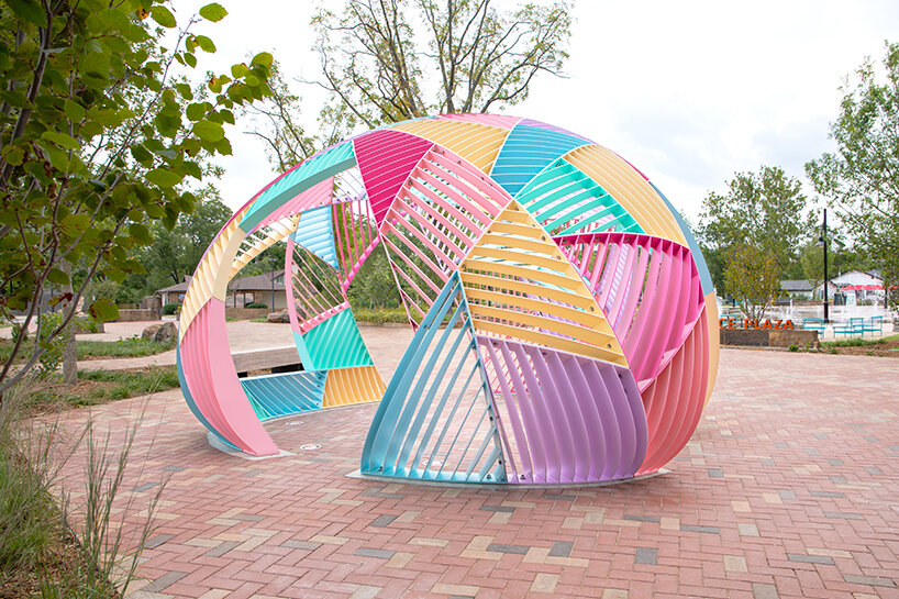 colorful dome-like pavilion by hou de sousa in arkansas resembles a quilt buoyed into the air