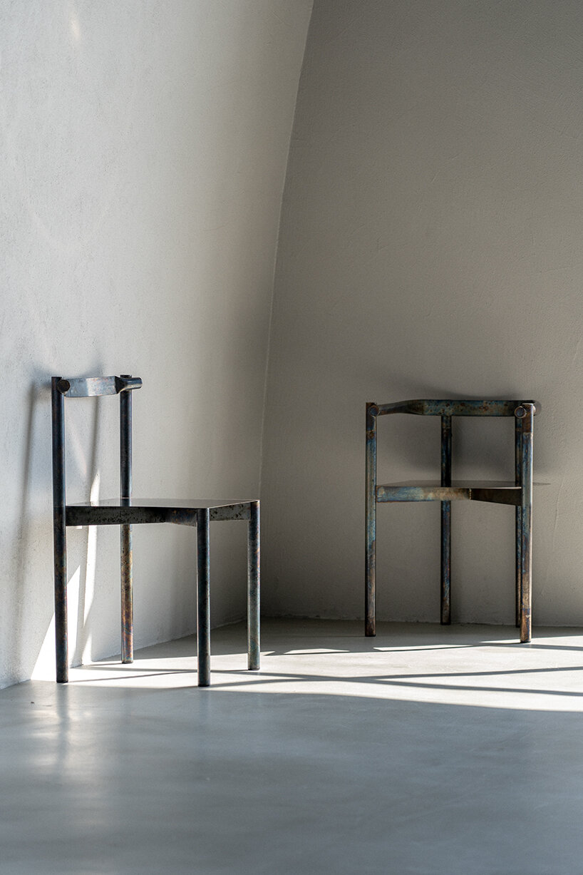 flattened piping becomes linear backrest in masaya kawamoto’s oxidized steel chair