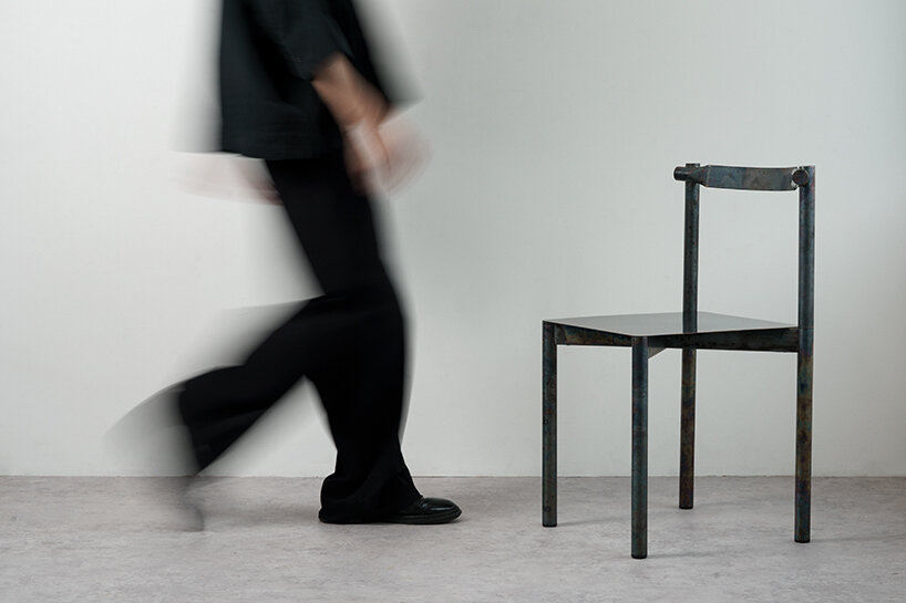 flattened piping becomes linear backrest in masaya kawamoto’s oxidized steel chair