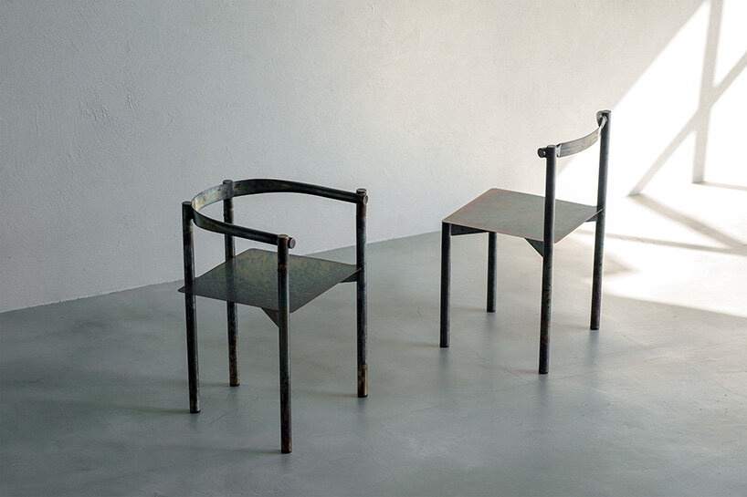 flattened piping becomes linear backrest in masaya kawamoto’s oxidized steel chair