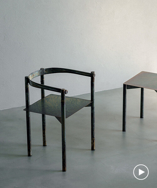 flattened piping becomes linear backrest in masaya kawamoto’s oxidized steel chair