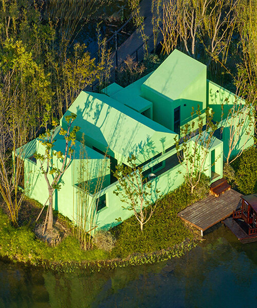 pure green cabin retreat by wiki world floats on secluded islet in chinese lake