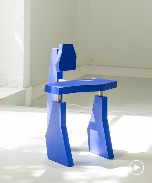 with jagged volumes painted cobalt blue, vincent decat's furniture reimagines ruins of delphi