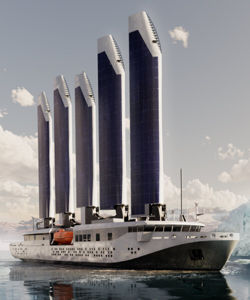 selar cruise ship wraps retractable sails in solar panels to harness energy from wind and sun