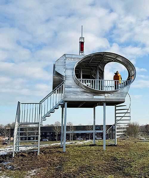 solar-powered viewing platform by rob voerman takes on spaceship form in the netherlands