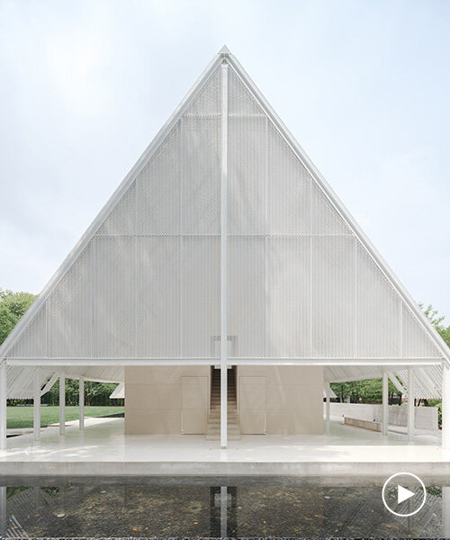 wing-like roof covers open gathering area by SHISUO in shanghai's memorial park