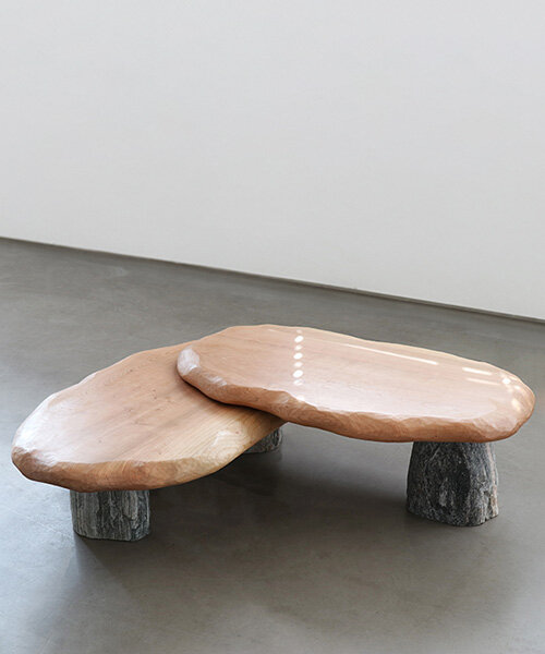 wood and stone shape mushroom-like tables in batten and kamp x henry d'ath collaboration