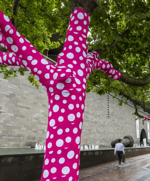 yayoi kusama wraps 60 trees in pink and white polka dots ahead of NGV show in melbourne