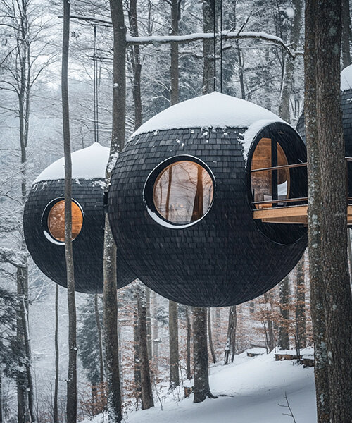 antony gibbon envisions 'burl treehouse' concept with shingled spheres floating in the trees