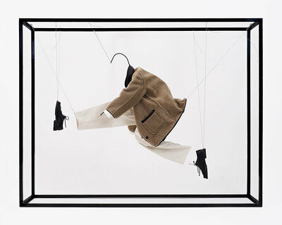 artist arran gregory creates invisible and floating wireframe figures for YMC clothing brand