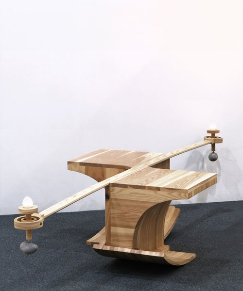 halfway serious wooden chair transforms sitting into a performative act of balance