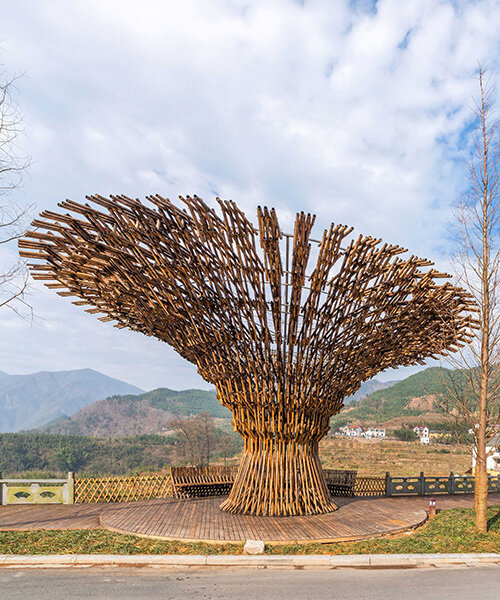 intersecting bamboo segments form umbrella-like pavilion by MUFU-ARCHLAB in china