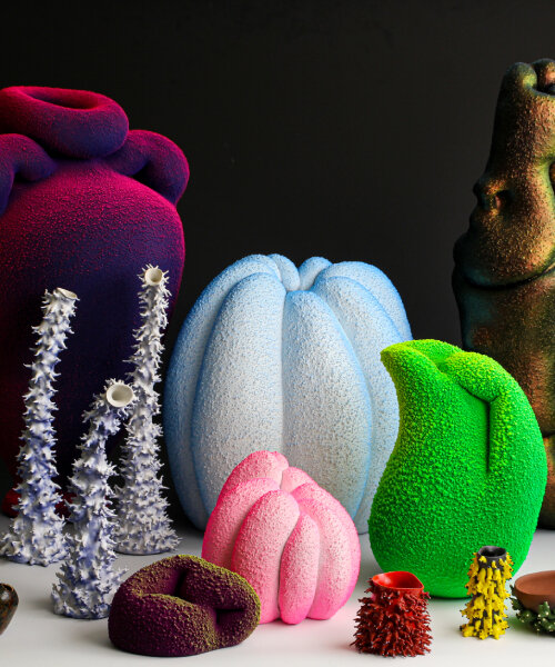 maxwell mustardo's fluorescent, fuzzy vases reimagine ancient roman amphorae in PVC