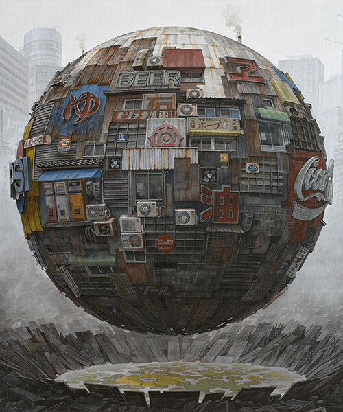 mosaics of urban remnants shape composite worlds on floating orbs by masakatsu sashie