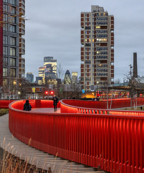 danica o. kus captures evocative red of asif khan's canada water boardwalk in london