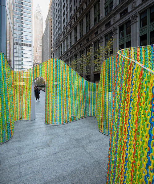 fluorescent wish ribbons coat hou de sousa's interactive pavilion in new york