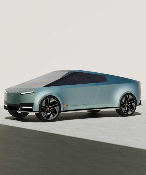 jaguar type 00 meets tesla cybertruck in studio enemy’s hybrid concept car with fan wheels