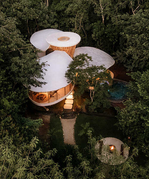 bamboo dome unites petal-shaped roofs of sustainable villa by NOD studio in mexico