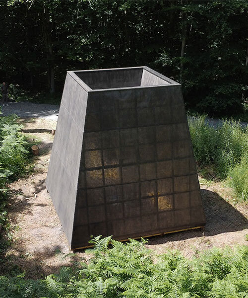 linen-covered pinewood frame forms pyramidal water shelter by p + s in rouen's forest