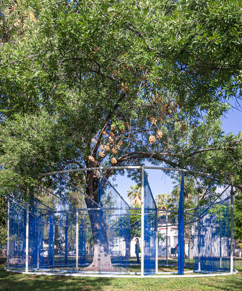 recycled PVC cords interweave around plup pavilion's circular frame in the chihuahua desert