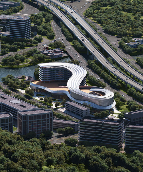 aluminum skin envelops curved exhibition center and hotel development by POA in china