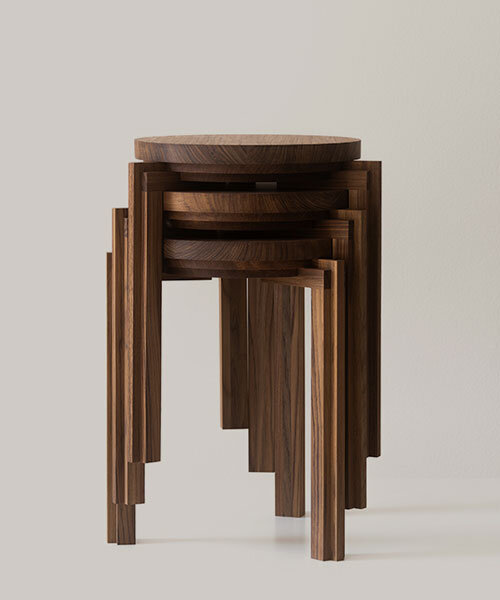 cornice: stackable wooden stool by nao iwamatsu acts as seat, side table, and sculpture