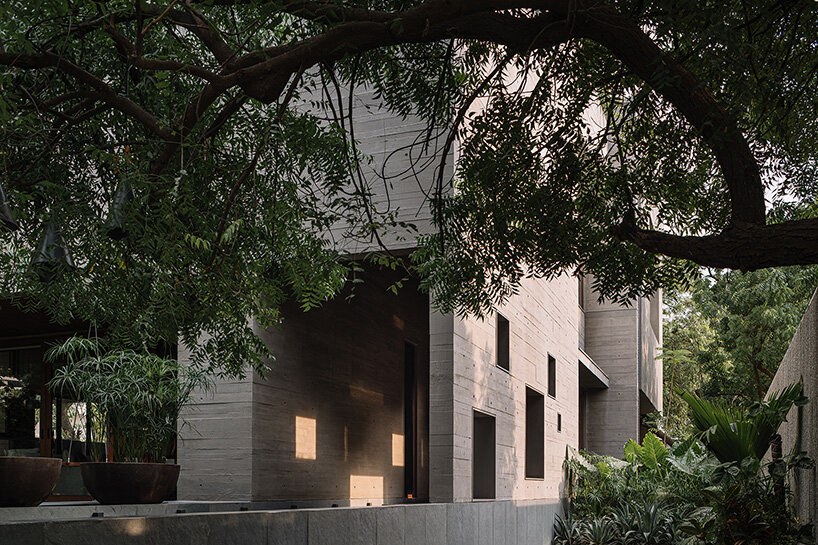 square openings punctuate wood-textured concrete facade of studio saransh's house in india